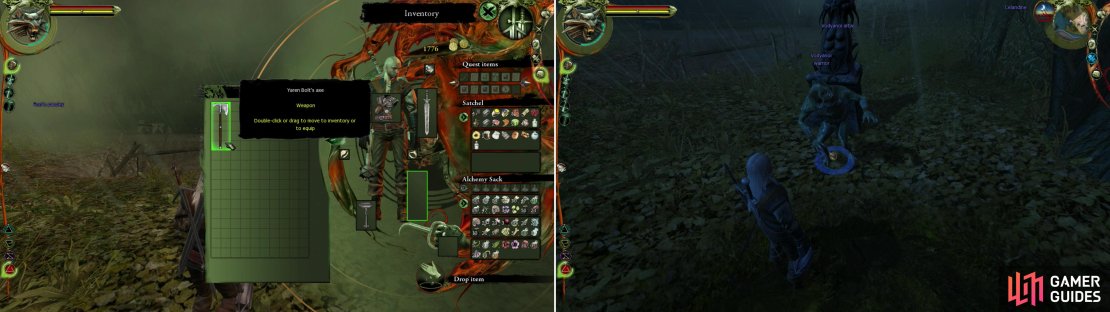 Convince Yaren Bolt to give up his axe and make an offering of it at the Vodyanoi Altar (left). Return at midnight to obtain a sign of the Vodyanoi&rsquo;s favor (right).