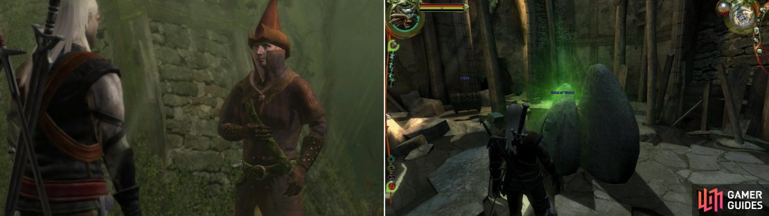 When the trap is set, meet Azar-as-Raymond outside the Mage&rsquo;s Tower (left). Once inside, be sure to tap the Gate of Water to learn the Axii Sign (right).