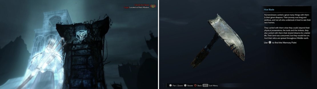Claim the Ithildin &ldquo;Nu nam nin&rdquo; (left) and grab the Hoe Blade Artifact (right).