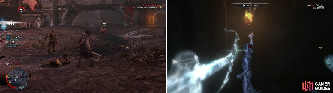 In Strongholds, tattle-tale Uruks will runs off to sound the alarm (left) and can be spotted by the symbol over their heads. If the alarm is raised (right) you&rsquo;ll have to fight through respawning hordes of Uruks.