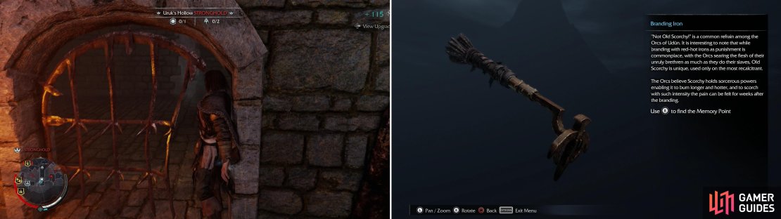 Squeeze through a grate to reach the interior of a stone foundation (left) wherein you&rsquo;ll find the Branding Iron Artifact (right). Ah&hellip; &ldquo;Old Scorchy&rdquo;&hellip;