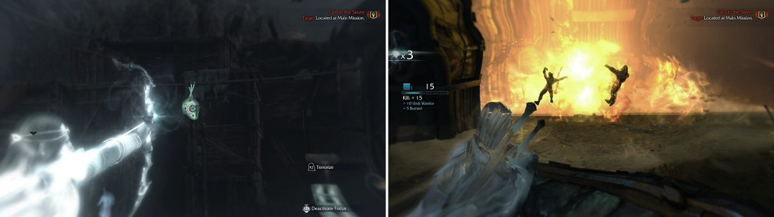 Shooting Morgai Fly Nests will stir up the insects within, to the sorrow of any nearby Uruks (left). Shoot explosive barrels and, if you have the &ldquo;Detonate&rdquo; Ability, campfires, to cause potent explosions (right).