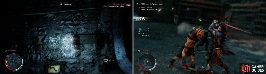 Climb a tower in the Uruk&rsquo;s Hollow area to find the &ldquo;Natha Tognir inAinn&rdquo; Ithildin (left), then stop by the Uruk&rsquo;s Proving Ground and indulge in some pit fighting (right).