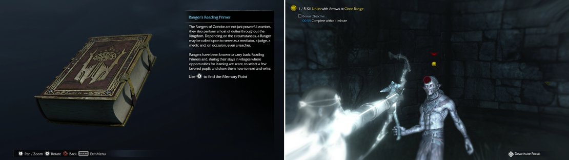 Grab the Ranger&rsquo;s Reading Primer Artifact (left) as you make your way to the Forge Tower, then start &ldquo;The Eye of Vengeance&rdquo; Bow Mission, which charges you with shooting Uruks at close range (right).