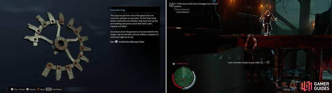 In the East Garrison you can find the Excavator Cog Artifact (left), and test your Attract/Ledge Kill skills in the &ldquo;Deathly Whisper&rdquo; Dagger Mission (right).