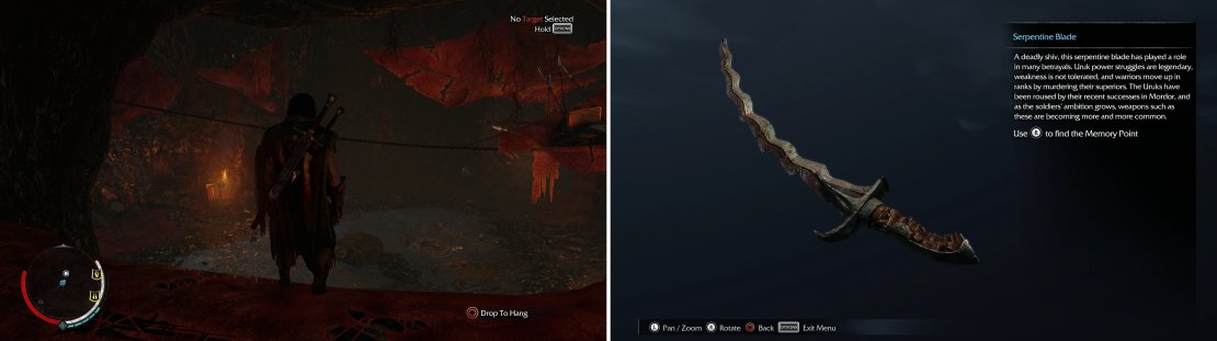 Find the hidden room in the caves (left), wherein you&rsquo;ll find the Serpentine Blade Artifact (right).