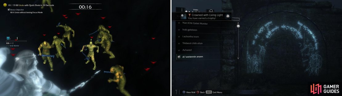 The &ldquo;Swift Mercy&rdquo; Bow Mission charges you with shooting down a host of moribund Uruks (left). After grabbing all the Ithildin in this area, we should have found half of the possible Ithildin in the game (right).
