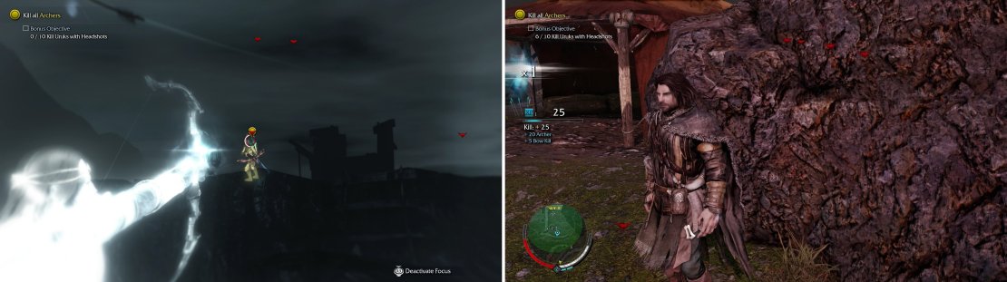 Killing Archers with Headshots is the objective in the mission &ldquo;A Elbereth Githoniel&rdquo; (left). Use a friendly boulder south of the tent you start out in to shield yourself from some of the archers (right).