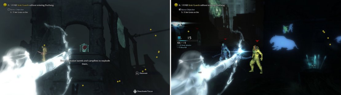 Shoot explosive Grog Barrels to set nearby Uruks on fire (left) which satisfies this mission&rsquo;s bonus objective. Once done, secure the requisite number of kill the old fashioned way (right).