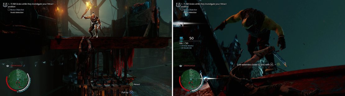 Use the &ldquo;Attract&rdquo; ability to lure Uruks to you (left) then perform a Ledge Kill (right).