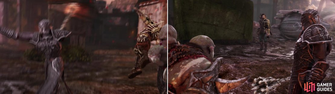 Ratbag learns the hard way that Sauron is less forgiving of incompetence than Talion was (left). The &ldquo;Gravewalker&rdquo; steps foward to answer The Hammer&rsquo;s challenge (right).