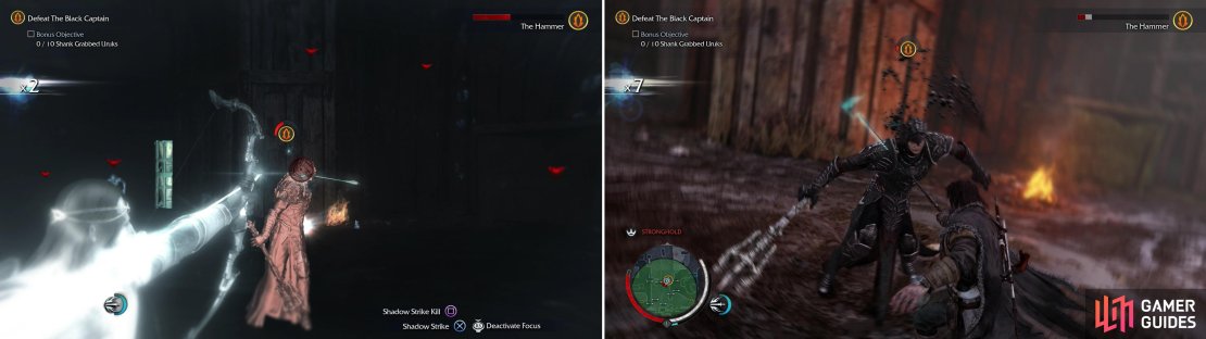 The Hammer can be harmed by arrows, just be sure to fire multiple shots in a row, as he&rsquo;ll grab the first of the bunch and fling it back at you (left). Attacking the attendant Uruks to charge your Hit Streak will allow you to perform damaging Executions (right).