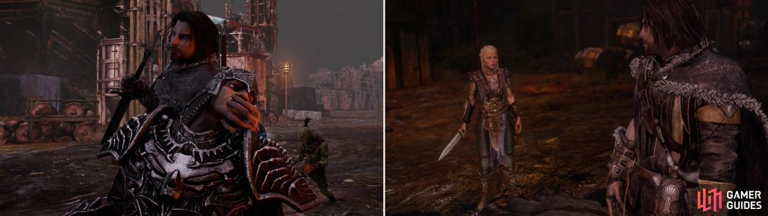 Talion takes his anger out on The Hammer, to the Wraith&rsquo;s annoyance (left). Shortly after the fight Lithariel arrives, and her words draw us to Nurn (right).