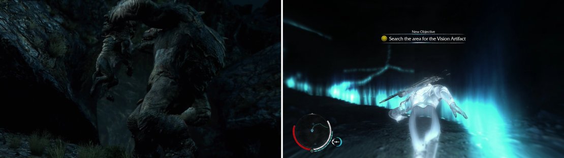 In a fight between a lone Caragor and a Graug&hellip; yeah&hellip; the Graug is going to win (left). Follow Gollum&rsquo;s predictably meandering trail to find another relic (right).