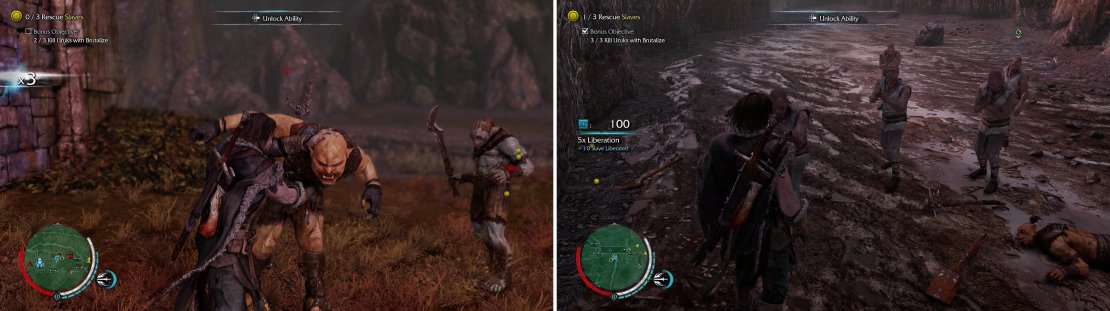 Brutalizing makes a very gruesome display of an Uruk&rsquo;s demise, scaring off nearby Uruks (left). The Uruk&rsquo;s slaves don&rsquo;t seem to mind the show, however (right).