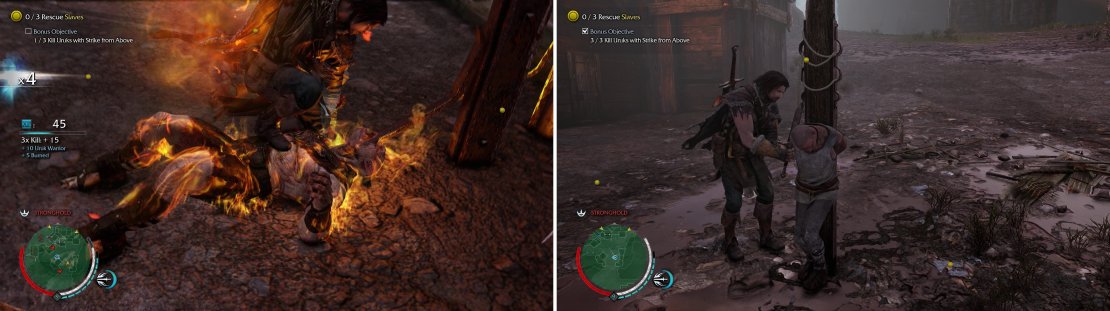 What&rsquo;s better than a Strike From Above? A Strike From Above on an Uruk who is on fire! (left) Your primary goal for this-and every other Outcast mission-is to rescue Slaves (right).