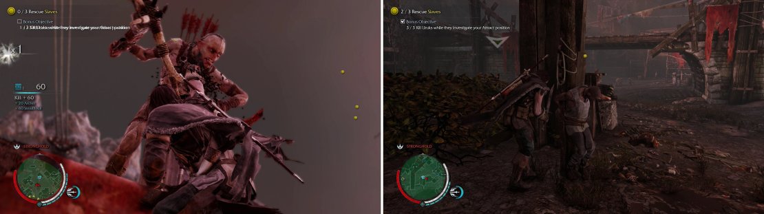 The easiest way to accomplish the bonus objective for this mission is to Attract foes while on a ledge, then perform a Ledge Kill (left). Once you&rsquo;ve killed enough, free the slaves (right).