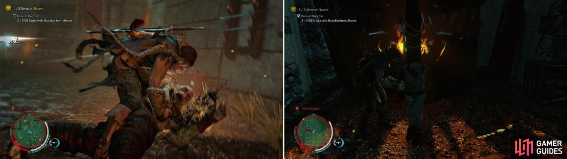 Like a normal Brutalize&hellip; but from above! (left). Make three Uruks pay, then free the Slaves (right).