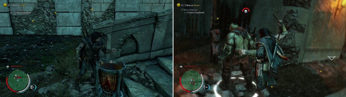 Poison Grog Barrels to satisfy the bonus objectives for this mission-Uruks don&rsquo;t need to actually drink from them (left)-then free the Slaves, especially ones being taunted by Uruks (right).