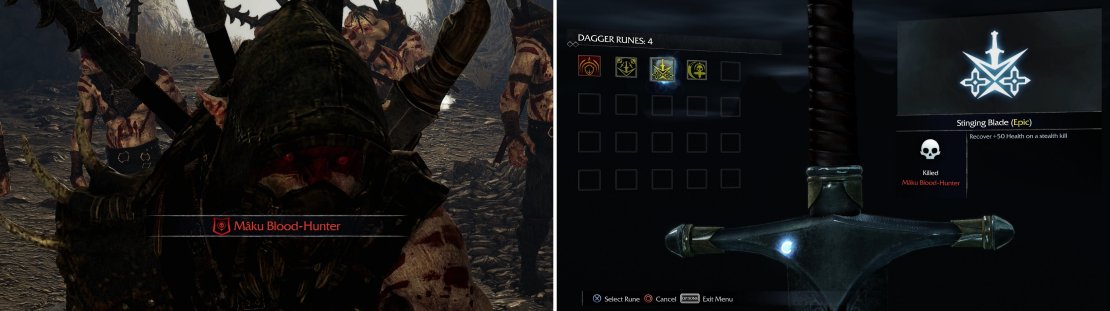 Confront Maku Blood-Hunter (left) and defeat him to earn the &ldquo;Stinging Blade&rdquo; Rune (right).