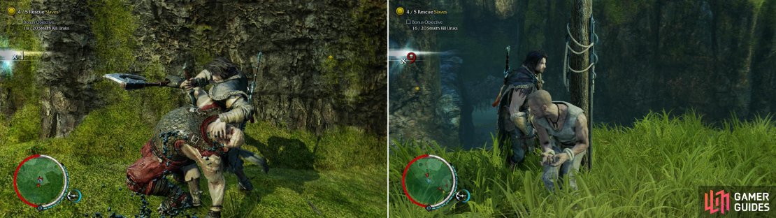 You&rsquo;ll have to go through some effort to Stealth Kill twenty of the Uruks guarding the slaves to complete this bonus objective (left), but afterwards, there shouldn&rsquo;t be many Uruks left to prevent you from freeing said slaves (right).