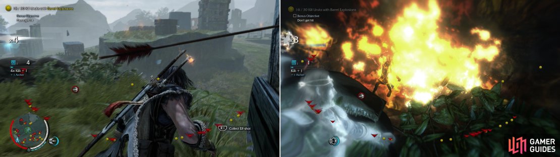 You&rsquo;ll need to dodge constantly to avoid the arrows of the archers that surround you (left), stopping only when a number of them have gathered around explosive barrels (right).