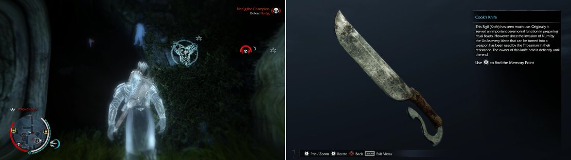 View the &ldquo;enArdhon&rdquo; Ithildin as you enter Fort Morn (left) and grab the Cook&rsquo;s Knife as you leave (right).