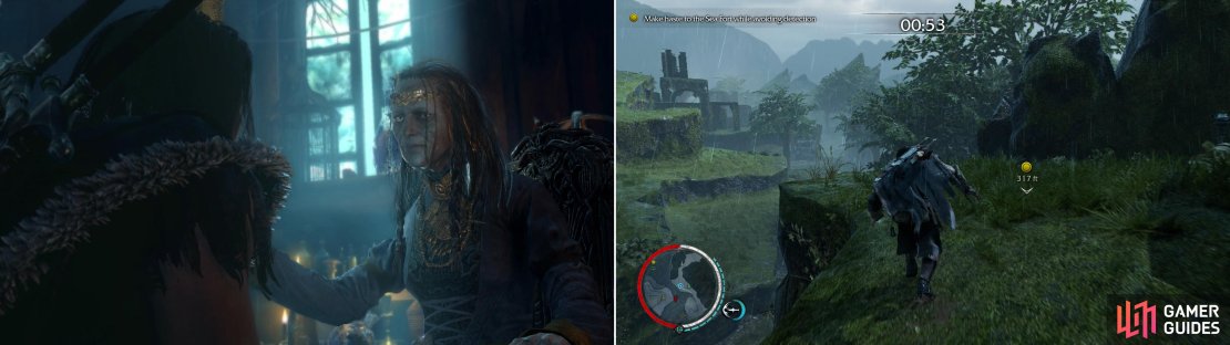 Marwen reveals that we&rsquo;re under a blood curse, and that we need to defeat the Black Hand to be free from it (left). First, however, we&rsquo;ll have to claim a new power, which requires us to make haste to a nearby fortress without being detected. High ground is, as usual, useful towards this end (right).