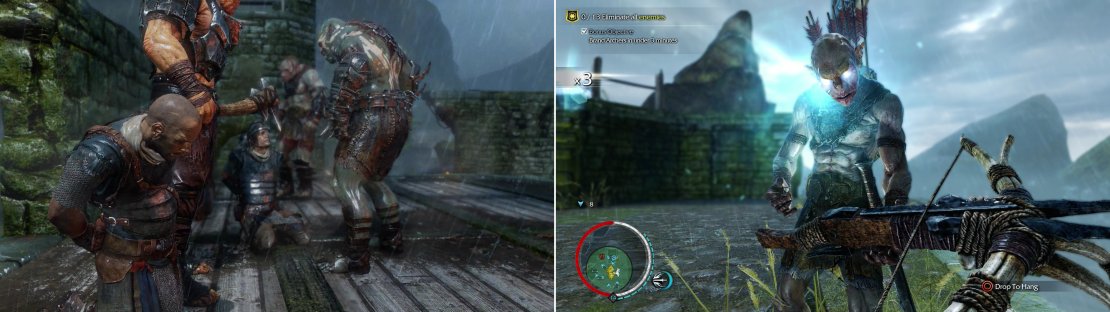 The Uruk&rsquo;s captives face a grim fate (left). Brand the archers surrounding the area to aid in your assault (right).