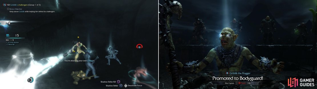 Help Grublik defeat his challengers (left) so he can earn a promotion to a position as a Warchief&rsquo;s Bodyguard (right).