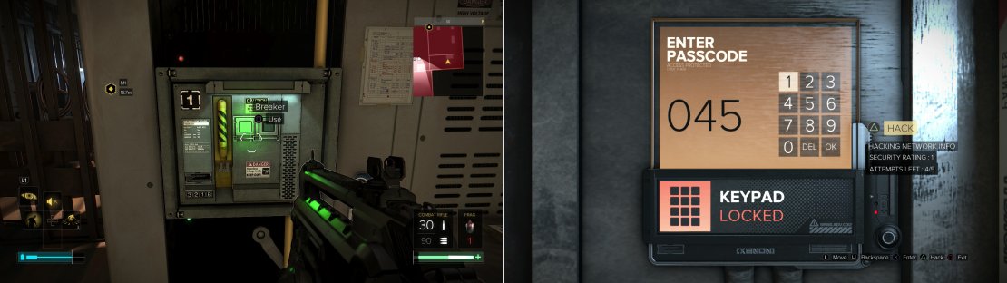 Flip a breaker to restore power to the Keypad (left). Enter the code &ldquo;0451&rdquo; into the Keypad to get the trophy/achevement &ldquo;A Heated Combination&rdquo; (right).