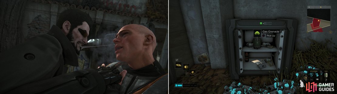 Take down the thug (left) and loot the Neon dealer&rsquo;s safe (right).