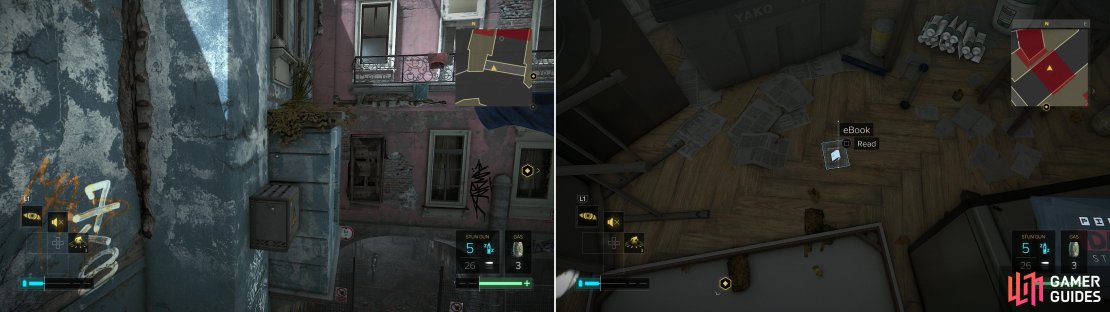 Climb up a lift and jump over to a balcony adorning a pink apartment building (left) inside of which you&rsquo;ll find a way forward - and a variety of collectibles (right).