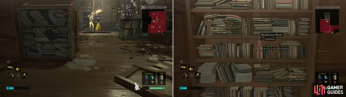 The Dvali Thugs are busy vandalizing The Time Machine, giving you a chance to sneak past (left). Examine the red book in Koller&rsquo;s office to find a way into his lair (right).