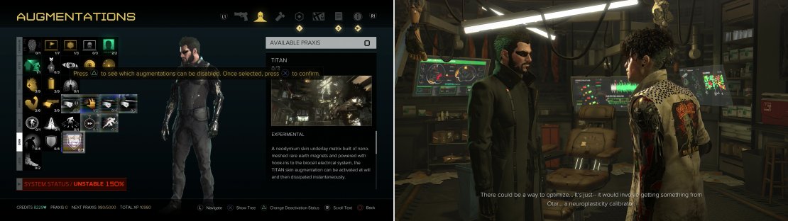 Koller&rsquo;s tinkering will reveal new augmentations for you to use, but accessing them will overclock your system (left). Koller&rsquo;s solution? Find a Nueroplasticity Calibrator (right).