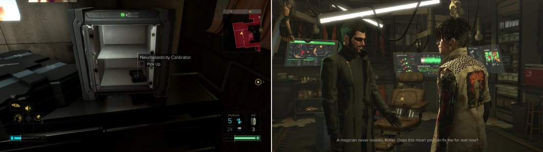 Sneak into the manager&rsquo;s office and grab the Neuroplasticity Calibrator from the safe (left) then bring it back to Koller - before he even asks for it! (right)