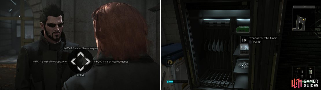 Give Kazatel some Neuropozyne (left) and the intel you&rsquo;ll get in return can prove quite valuable (right).