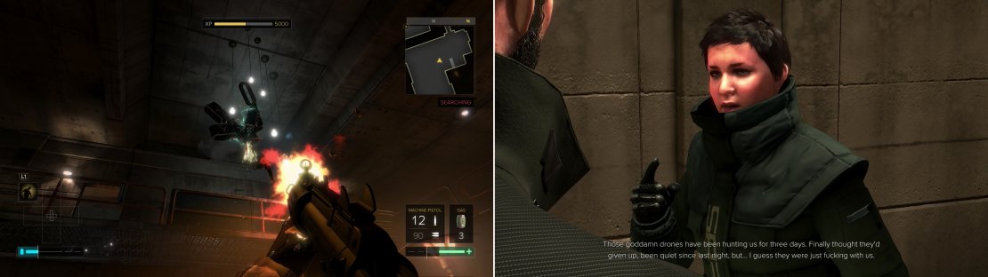 Destroy the drones in the sewers (left) and you&rsquo;ll save Paulina and her fellow augs (right).