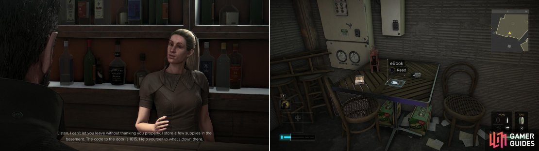 Give Teresa some Neuropozyne (left) and she&rsquo;ll let you raid her basement (right).