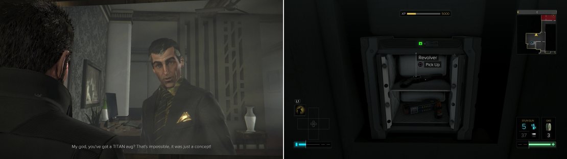 Confront Sarif and ask him about your mysterious augmentations (left) then go grab a bit of loot you couldn&rsquo;t grab the first time around (right).