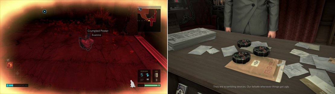 Examine a crumpled poster to learn about Richard&rsquo;s past (left), then go visit his former partner to find a way to break his control (right).