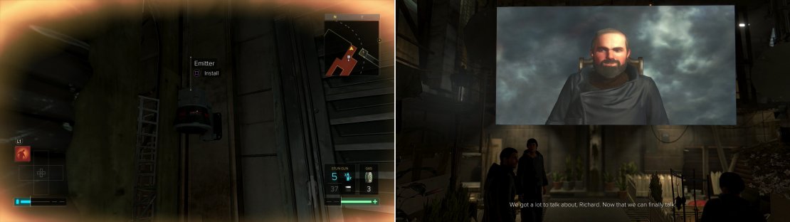 Plant the Scrambling Devices to neutralize Richard&rsquo;s Emitters (left) then, with your faculties restored, confront Richard in a war of words (right).
