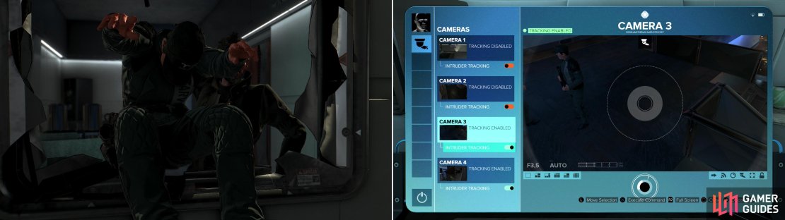 Smash a hole in the wall and take out a terrorist at the same time! (left) If you disable the security cameras it&rsquo;ll make your task of dispatching the terrorists much easier (right).