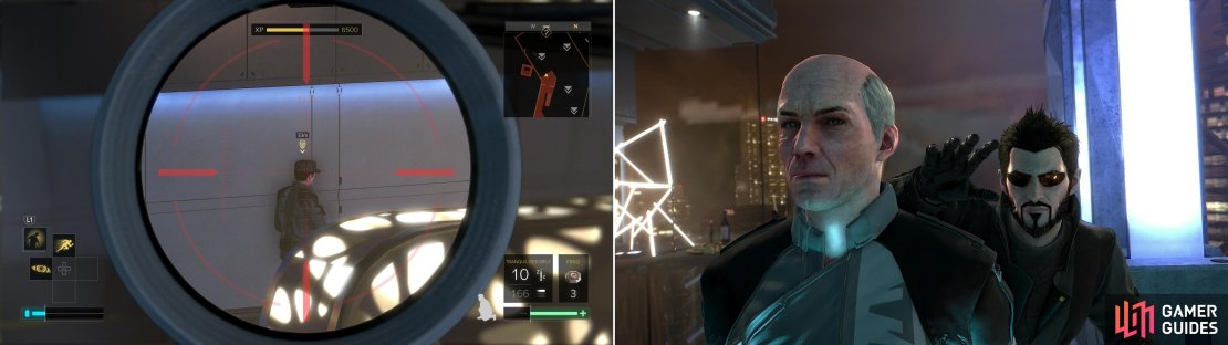 Reach a balcony and take out two isolated enemies with your Tranquilizer Rifle, if you&rsquo;ve got the aim (left) then head down to the reception floor and finish off the few remaining foes (right).