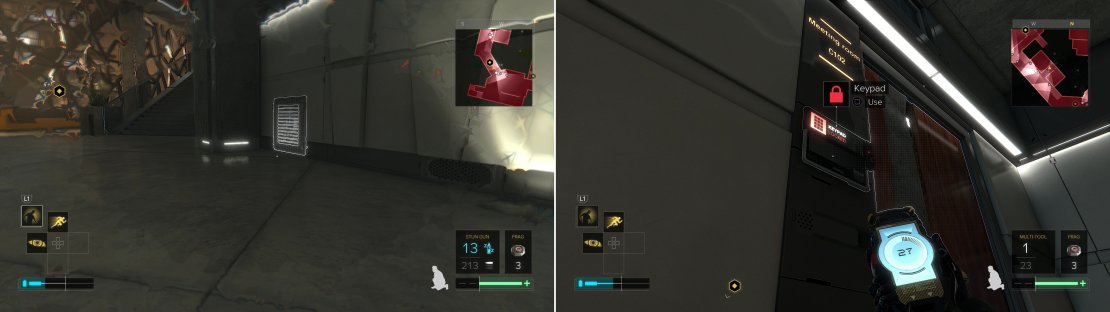 If you saved up Biocells and invested in Glass-Shield Cloaking you can quickly and invisibly bypass Marchenko&rsquo;s guards (left). Using Multi-Tools will keep you out of sight and save time (right).