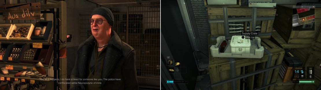 Talk to Gallois who - as Tibor warned - is will to trade favors (left). Recover his Supply Crates from the police and he&rsquo;ll let you reach ARC Territory.