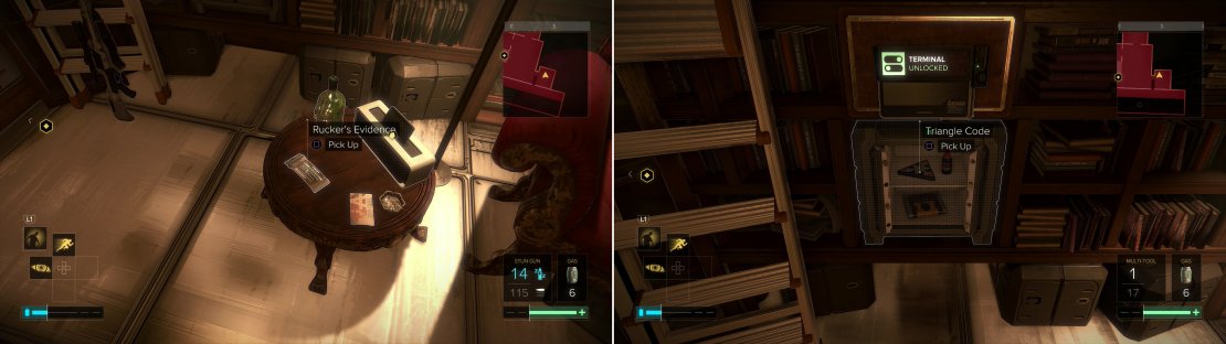 Pick up Rucker&rsquo;s Evidence (left), then loot his safe to find a variety of goodies (right).