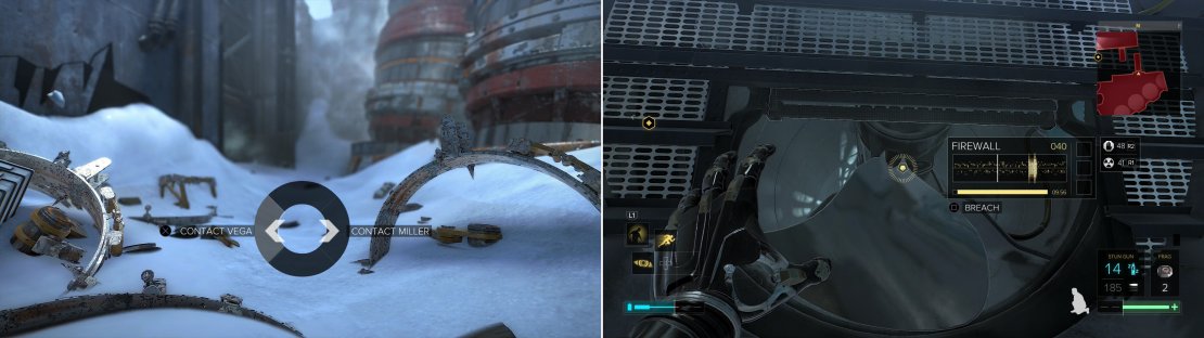 When you&rsquo;re back in control of your faculties, call Vega to avoid problems later (left). Remote Hack a airshaft to sneak into Hangar 1 (right).