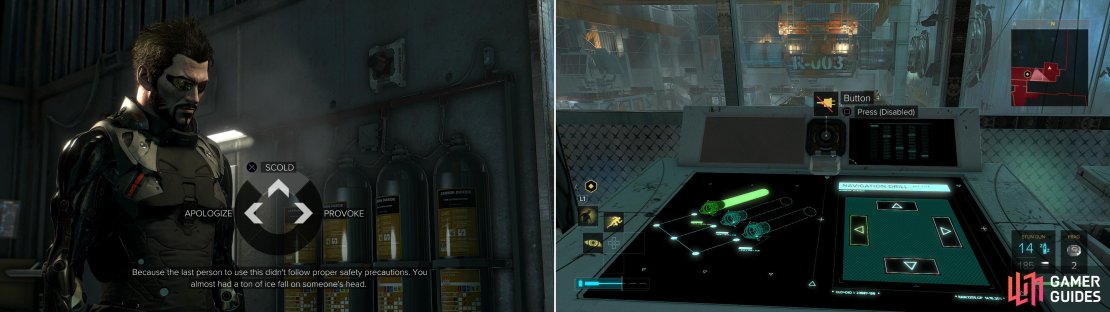 If you use the drill, respond by picking the dialogue option &ldquo;Scold&rdquo; (left), then&hellip; well, drill, baby drill! (right)