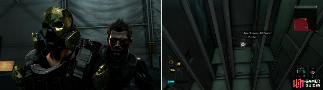 Eliminate several guards in a tent (left) then search some lockers to find Marchenko&rsquo;s Kill Switch (right).
